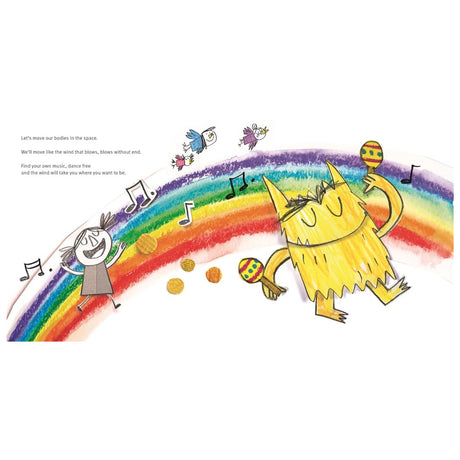 Illustration of a yellow monster and girl dancing on a rainbow with music notes, birds, and maracas.
