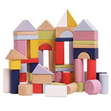 Colorful wooden building blocks arranged to form castle structures.