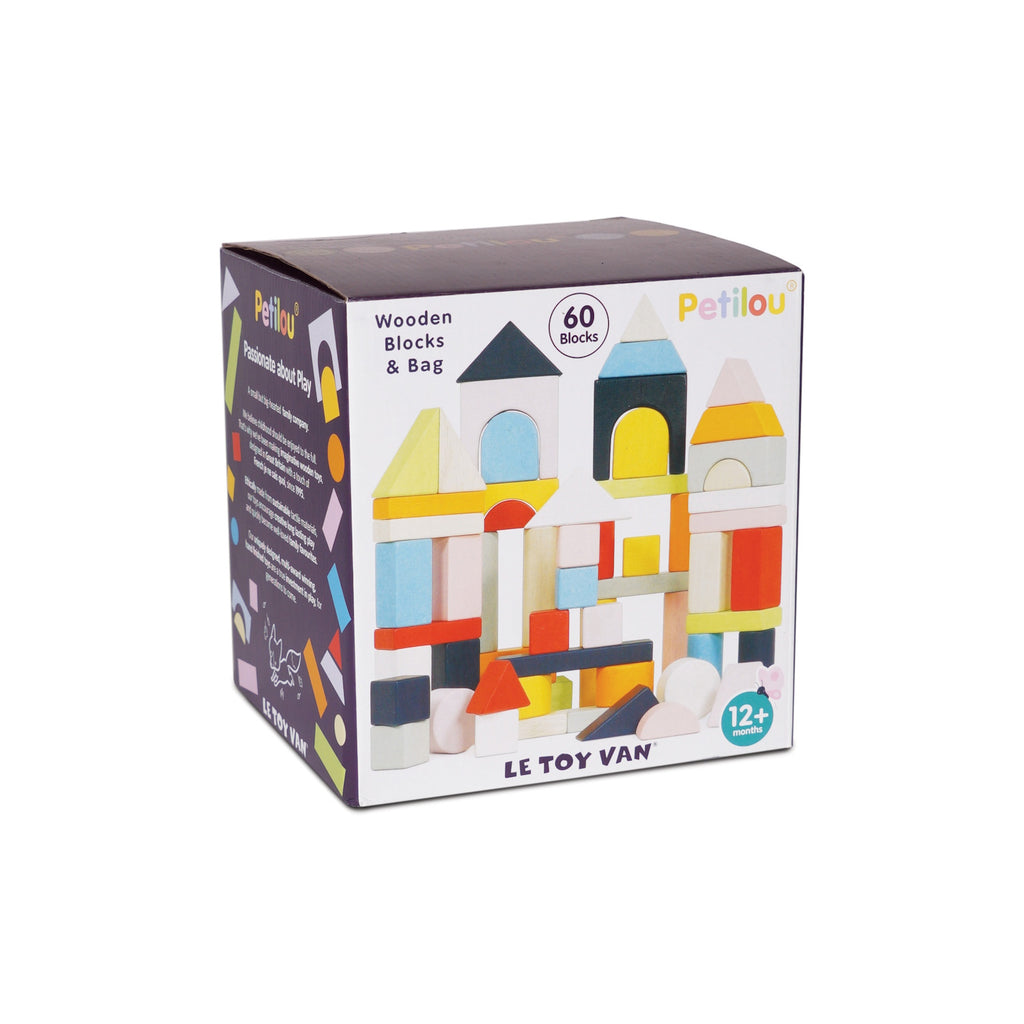 Box with colorful wooden blocks for children, labeled "Petilou Wooden Blocks & Bag." Playful design suggests creativity. Suitable for 12+ months.