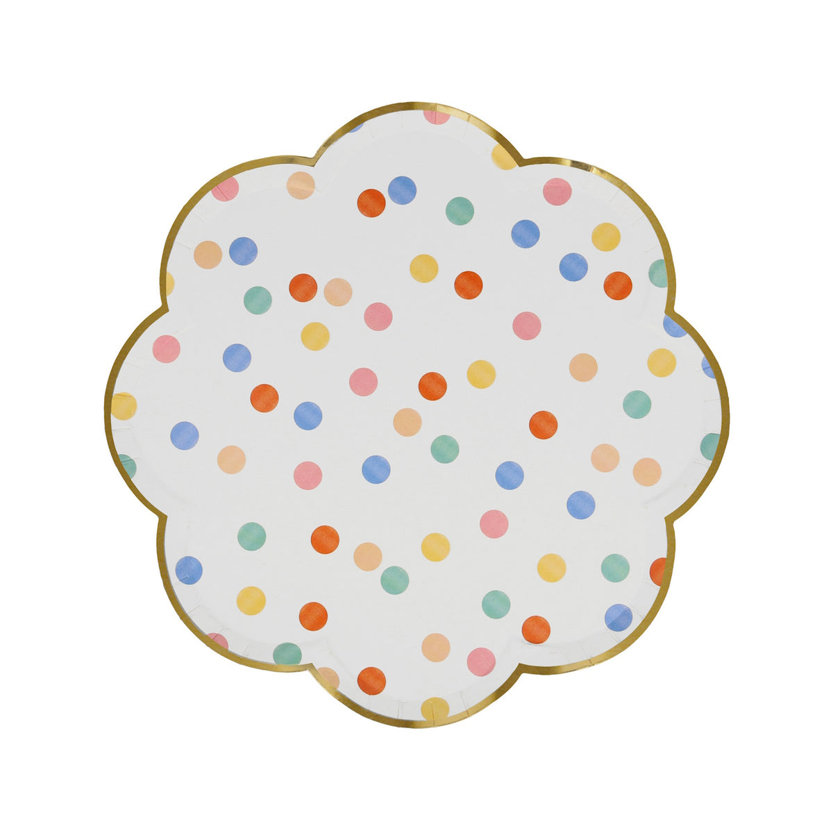 Scalloped side plate with a gold rim and multicolored polka dot pattern.