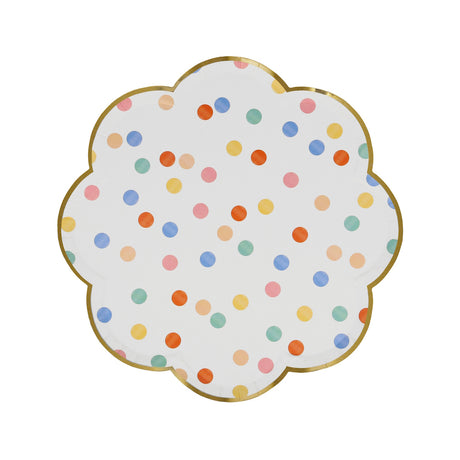 Scalloped side plate with a gold rim and multicolored polka dot pattern.