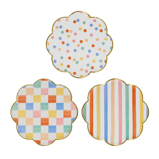 Three colorful scalloped side plates with gold rims featuring polka dot, checkered, and striped patterns.