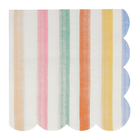 Scalloped napkin featuring colorful vertical stripes.