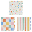 Three colorful small napkins with scalloped edges featuring polka dot, checkered, and striped patterns.