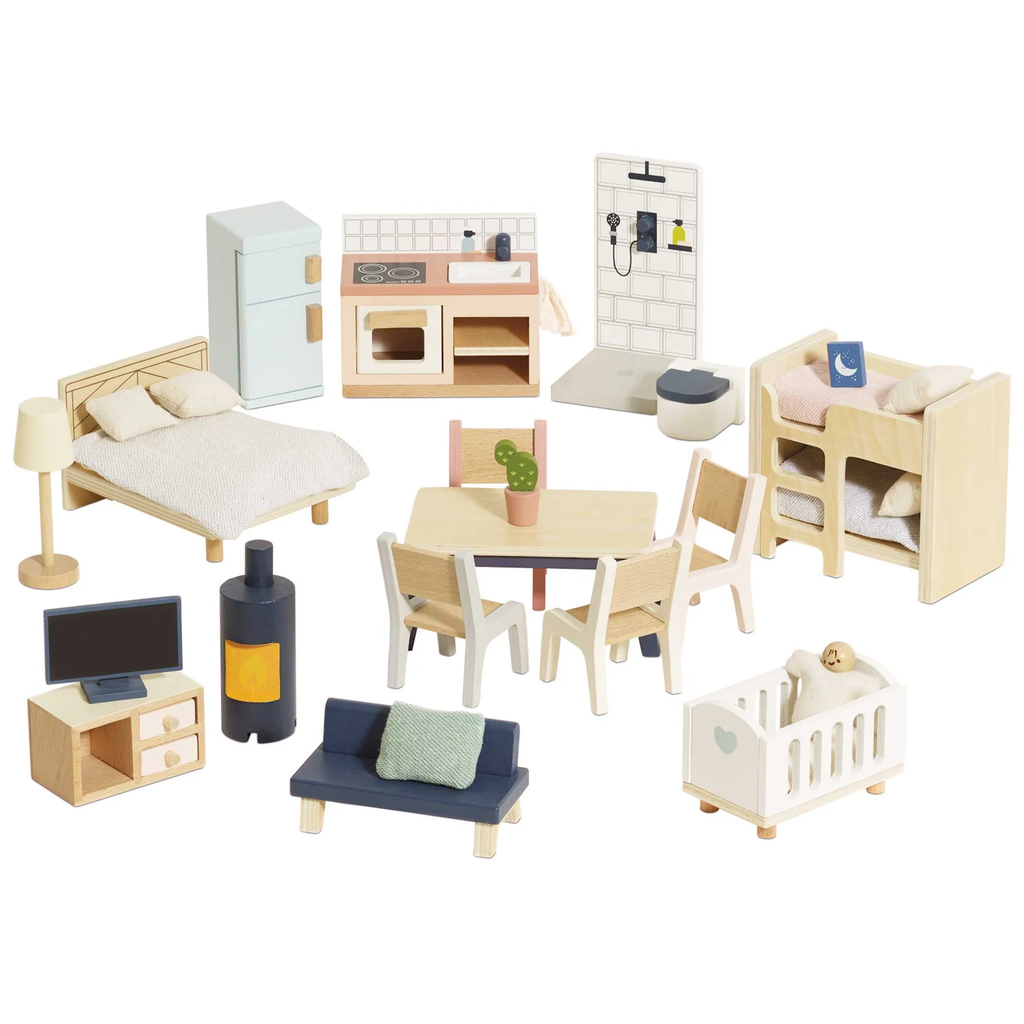 Miniature wooden dollhouse furniture set with bed, crib, bunk bed, kitchen units, shower, dining set, couch, TV stand, and stove. Playful and cozy vibe.