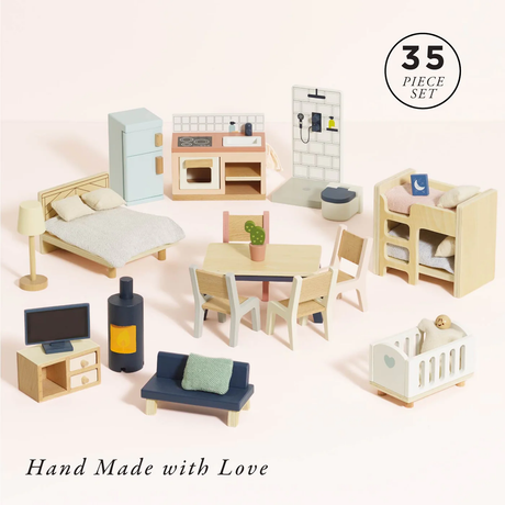 A 35-piece handmade dollhouse furniture set includes a bed, fridge, kitchen, dining table, bunk beds, crib, and more. Soft pastel colors and cozy vibe.