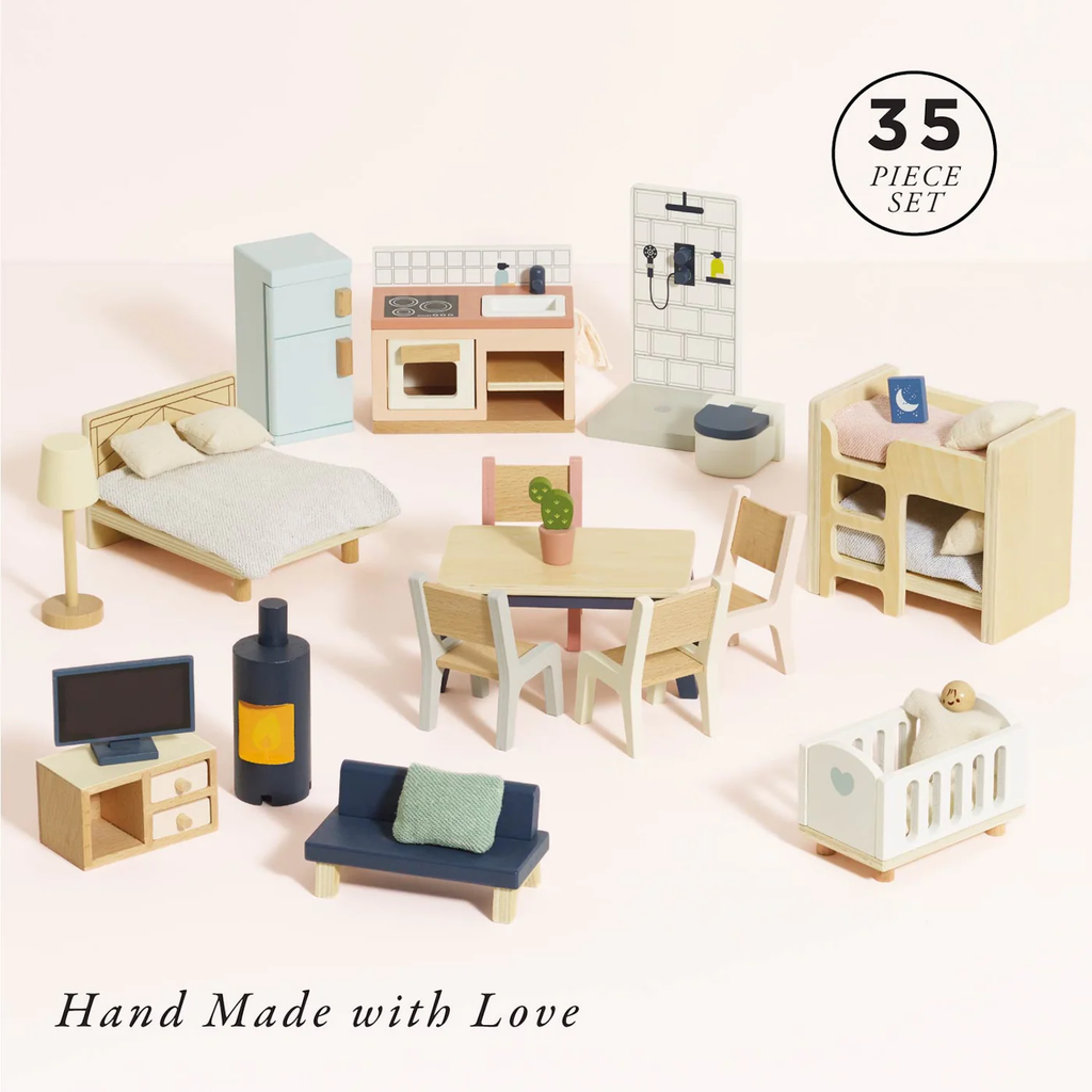 A 35-piece handmade dollhouse furniture set includes a bed, fridge, kitchen, dining table, bunk beds, crib, and more. Soft pastel colors and cozy vibe.