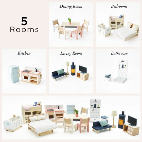 Diorama of five room sets: dining room with table and chairs; bedrooms with crib and bed; kitchen with fridge; living room with sofa; bathroom shower.