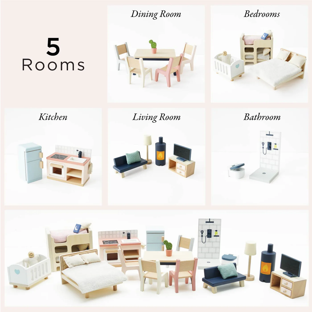 Diorama of five room sets: dining room with table and chairs; bedrooms with crib and bed; kitchen with fridge; living room with sofa; bathroom shower.