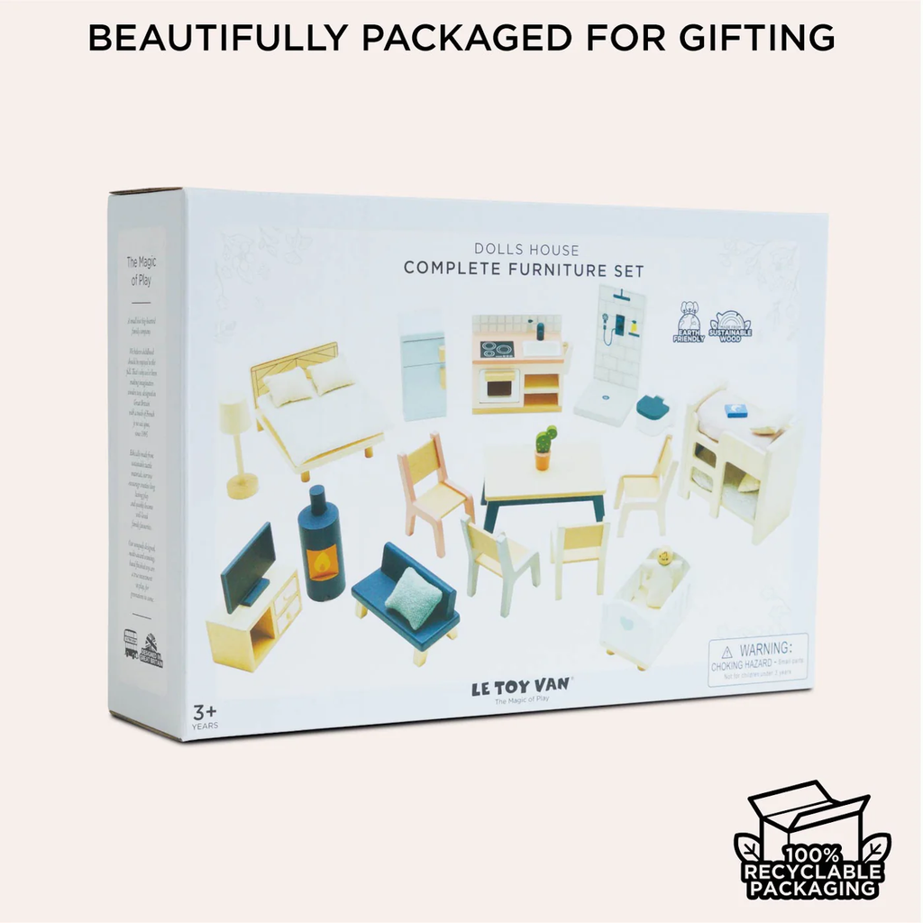 Box of a dolls' house furniture set, showing miniature pieces like a bed, chairs, and appliances. Features "beautifully packaged for gifting" and "100% recyclable packaging" text.