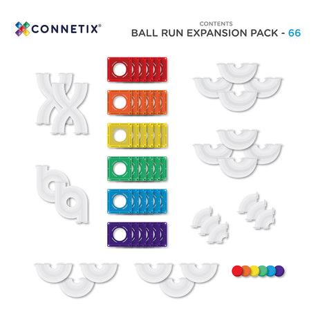 Diagram showing contents of a Connetix 66-piece Ball Run Expansion Pack with magnetic tiles and tubes.