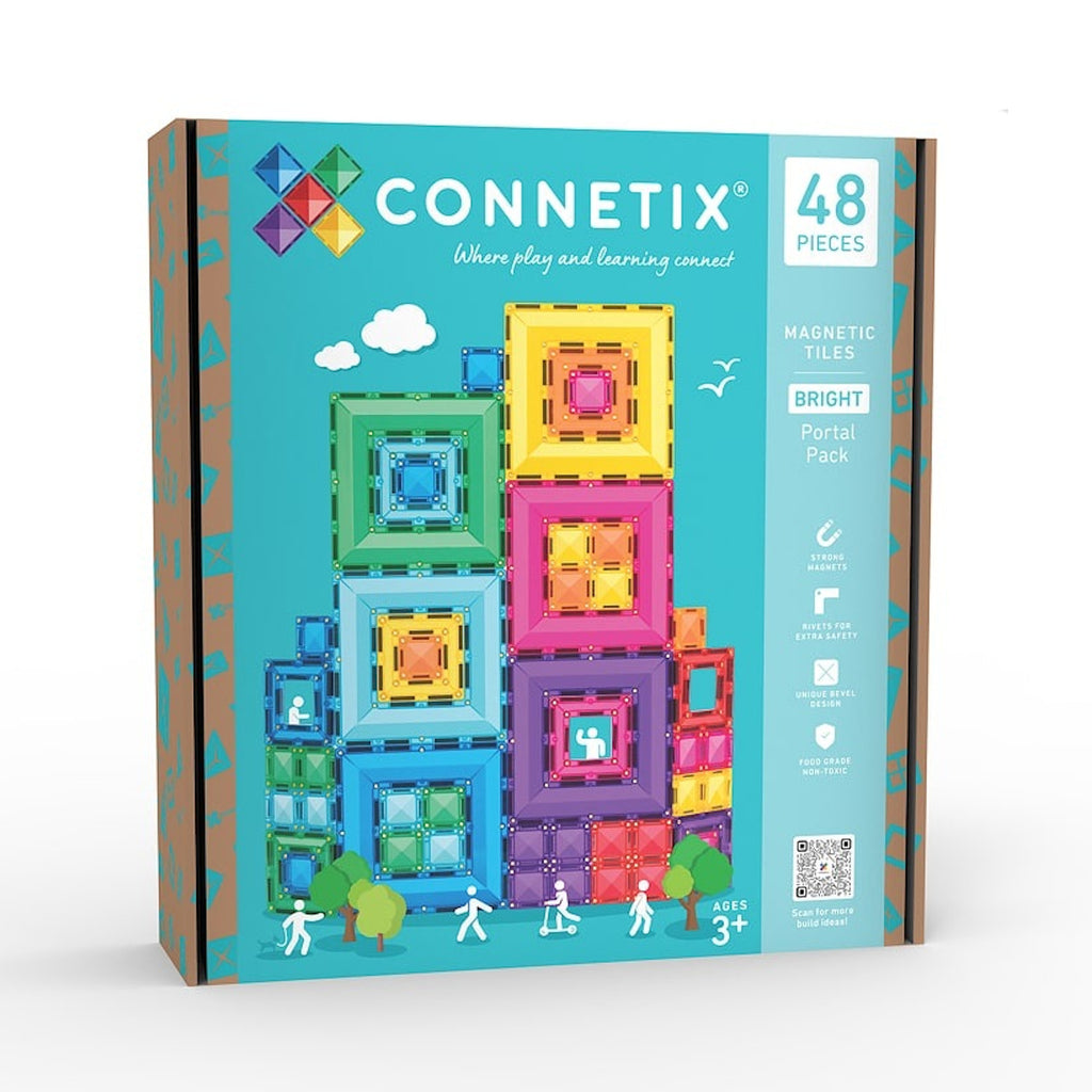 Box of Connetix magnetic tiles featuring colorful squares in various sizes stacked on a blue background. Includes 48 pieces for ages 3+. Playful tone.