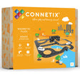 Orange Connetix box showcasing a magnetic tile road set with black roads, white toy cars, and playful city and park graphics. Labeled for ages 3+.