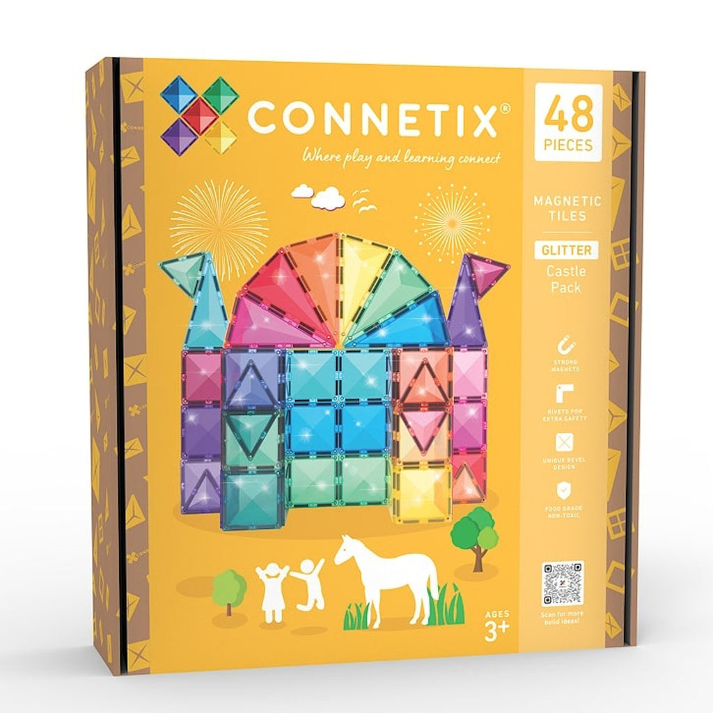 Yellow box for Connetix Glitter Castle Pack with 48 colorful magnetic tiles forming a castle. Notable features include fireworks, trees, and playful children.