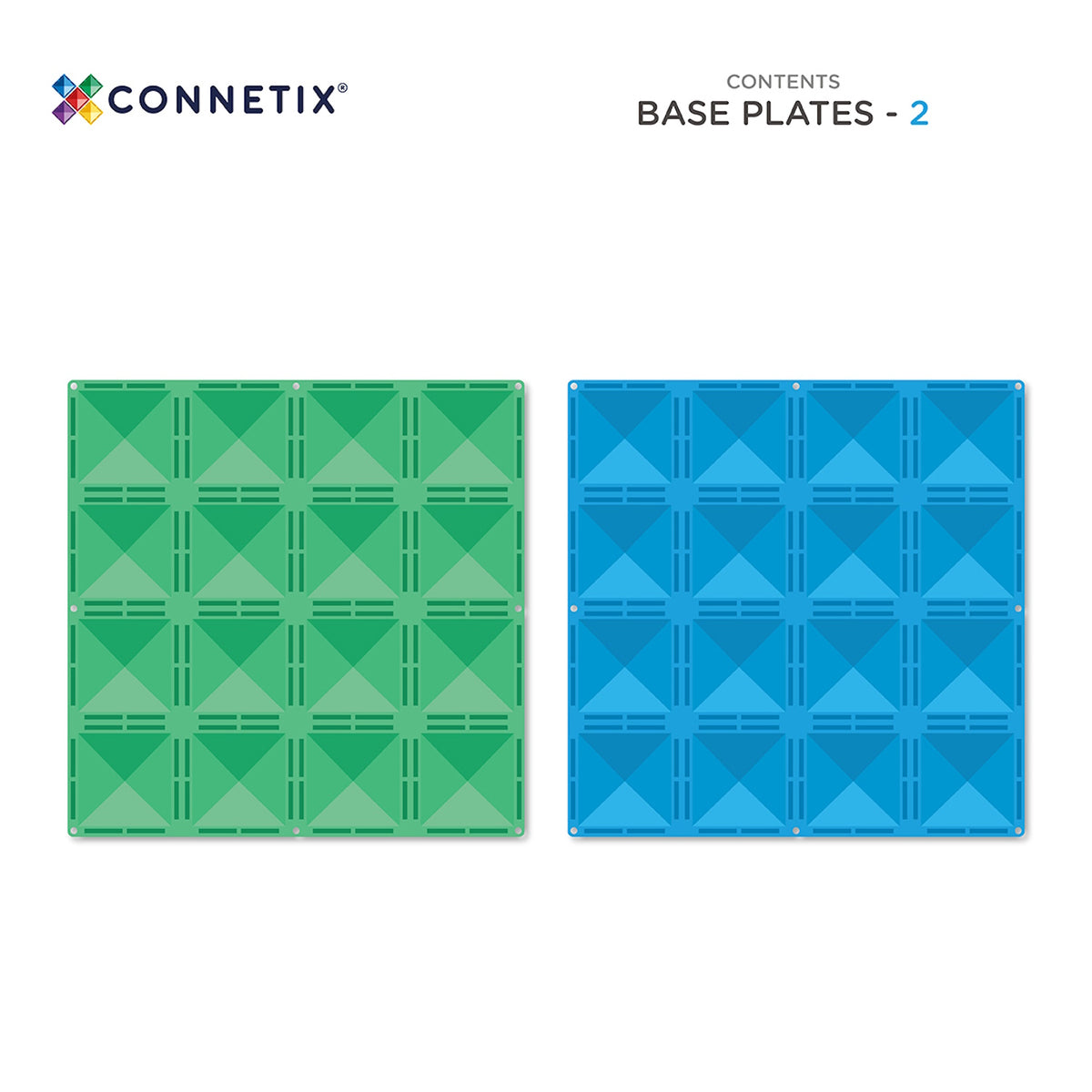 Two square Connetix magnetic tile base plates, one green and one blue.