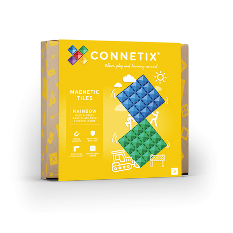 Yellow box packaging for Connetix magnetic tiles, featuring blue and green base plates.
