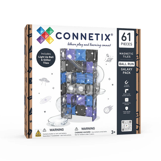 Packaging box for the Connetix 61-piece magnetic tiles ball run galaxy pack.