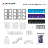 Product breakdown of a 61-piece magnetic ball run galaxy pack showing tiles, tubes, and balls.