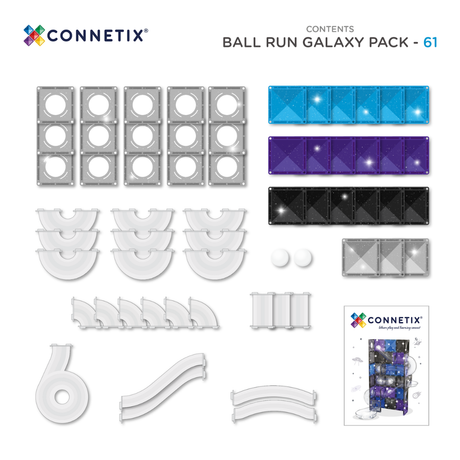 Product breakdown of a 61-piece magnetic ball run galaxy pack showing tiles, tubes, and balls.