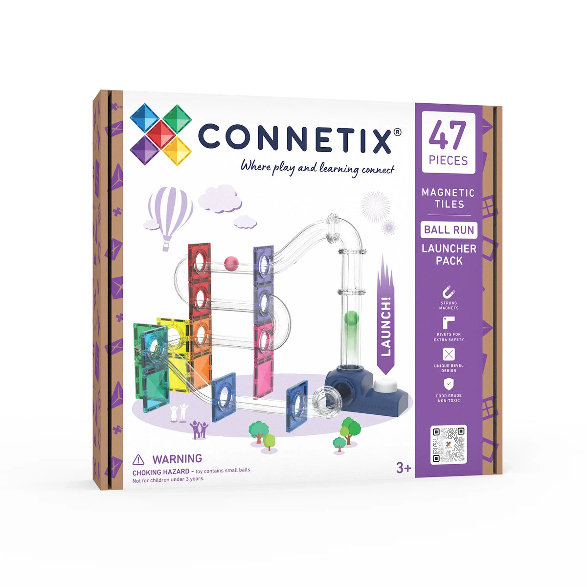 Connetix 47-piece magnetic tiles Ball Run Launcher Pack box featuring a clear plastic tube run.
