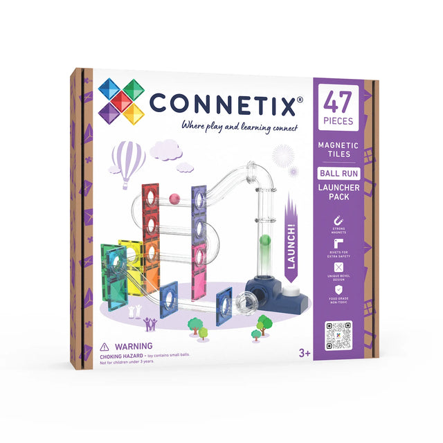 Connetix 47-piece magnetic tiles Ball Run Launcher Pack box featuring a clear plastic tube run.