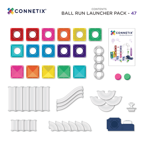 Product breakdown of a 47-piece magnetic ball run launcher pack showing tiles, tubes, and balls.
