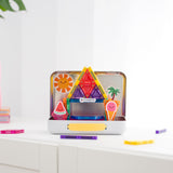 Colorful magnetic tile house built inside an open metal travel case with cute summer decals.