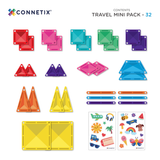 Product breakdown of a 32-piece magnetic tile travel pack showing colorful geometric shapes and stickers.