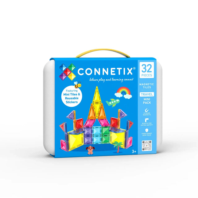 A blue and yellow 32-piece magnetic tile travel pack carrying case with building graphics.