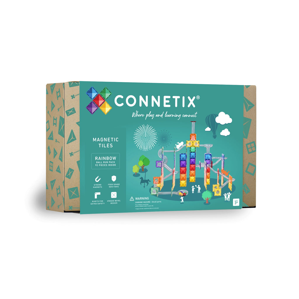 Packaging of Connetix Magnetic Tiles, Rainbow Ball Run Pack. Features colorful tile structures, playful icons, and the text "Where play and learning connect."