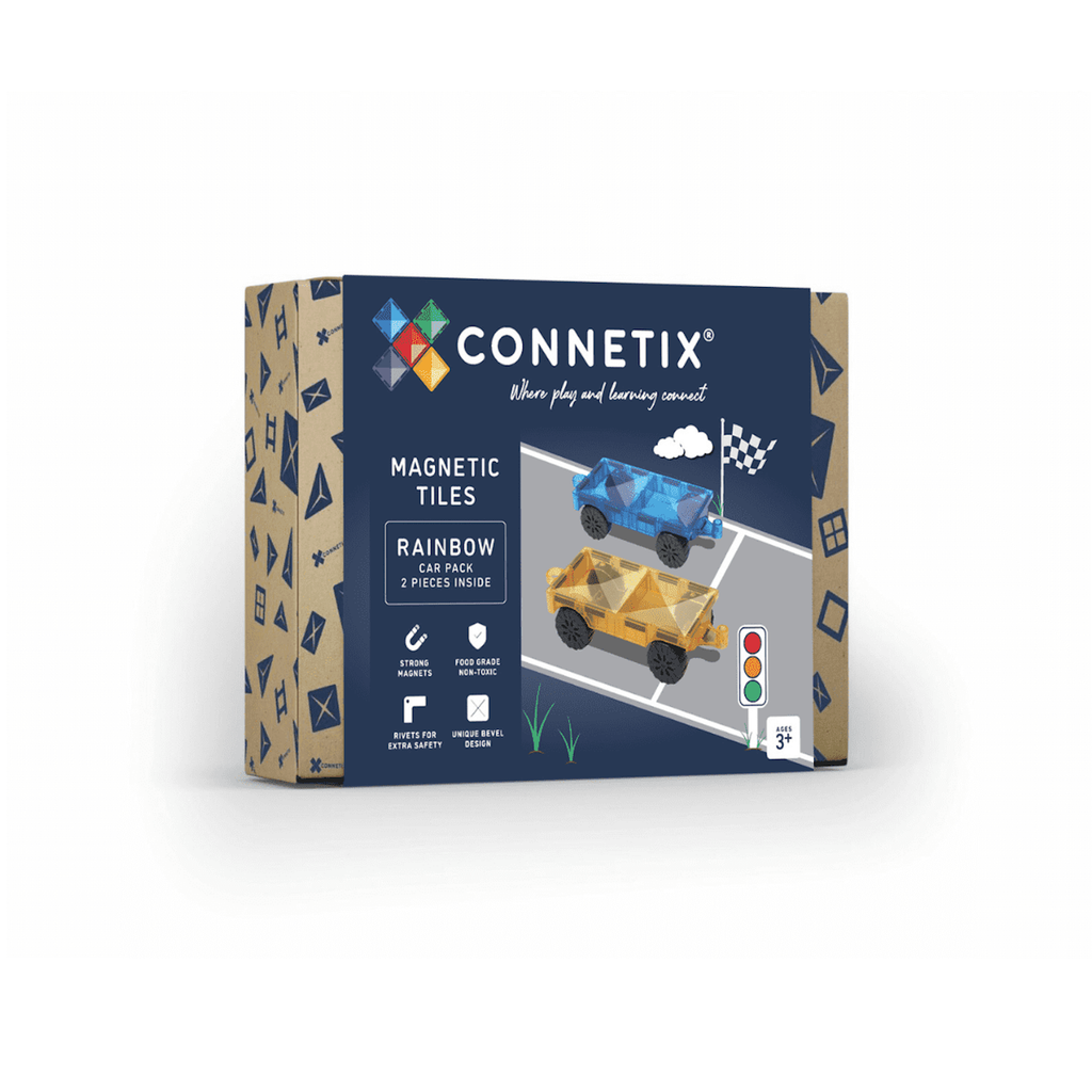 Packaging of Connetix magnetic tiles, Rainbow Car Pack. Features colorful car tiles and symbols like a stoplight and checkered flag. Age 3+.