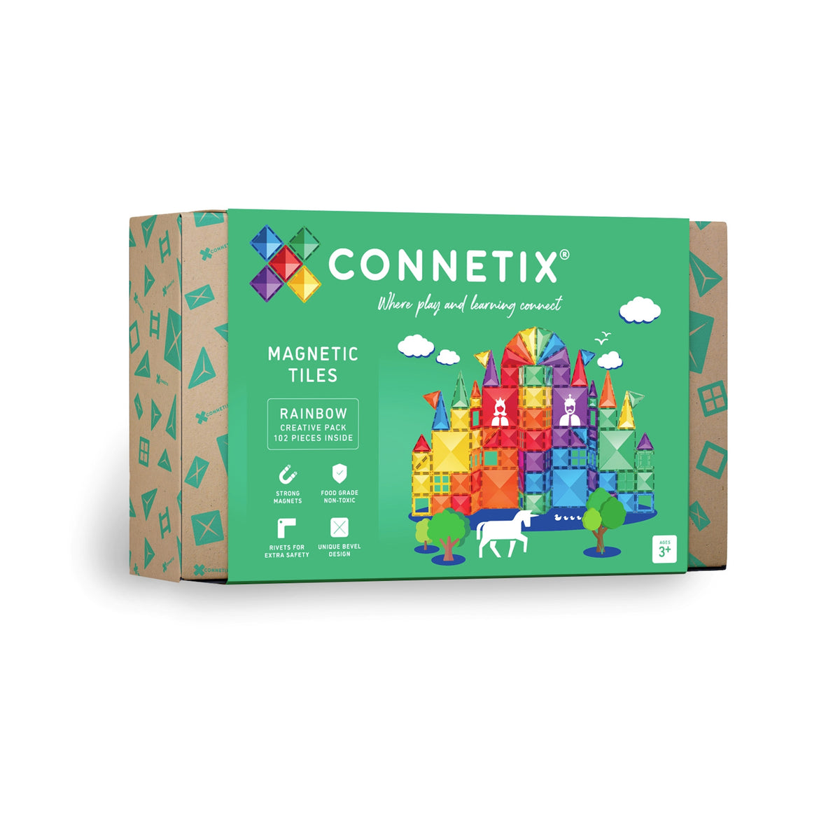 Packaging for Connetix Magnetic Tiles, Rainbow Creative Pack. Features colorful tile castle design and icons emphasizing safety and non-toxicity.