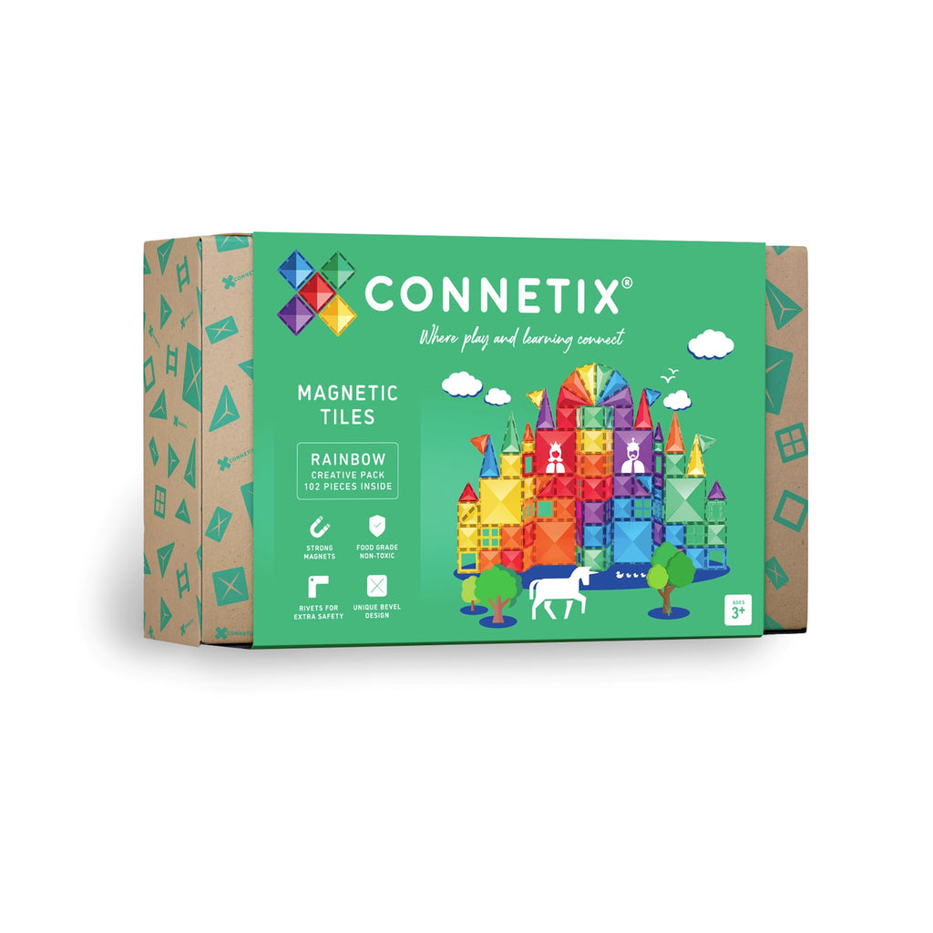 Packaging for Connetix Magnetic Tiles, Rainbow Creative Pack. Features colorful tile castle design and icons emphasizing safety and non-toxicity.