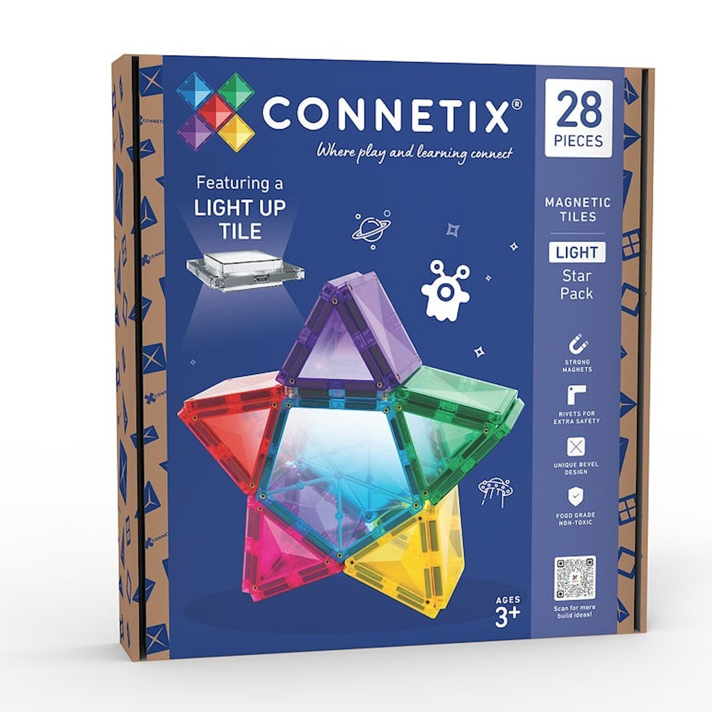Box of Connetix magnetic tiles featuring a light-up star design. The front shows colorful tiles forming a star, promoting creativity and learning.