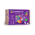 Purple Connetix box featuring colorful magnetic tiles forming a boat and shapes. Includes text highlighting “Rainbow Starter Pack, 60 pieces.” Playful design.