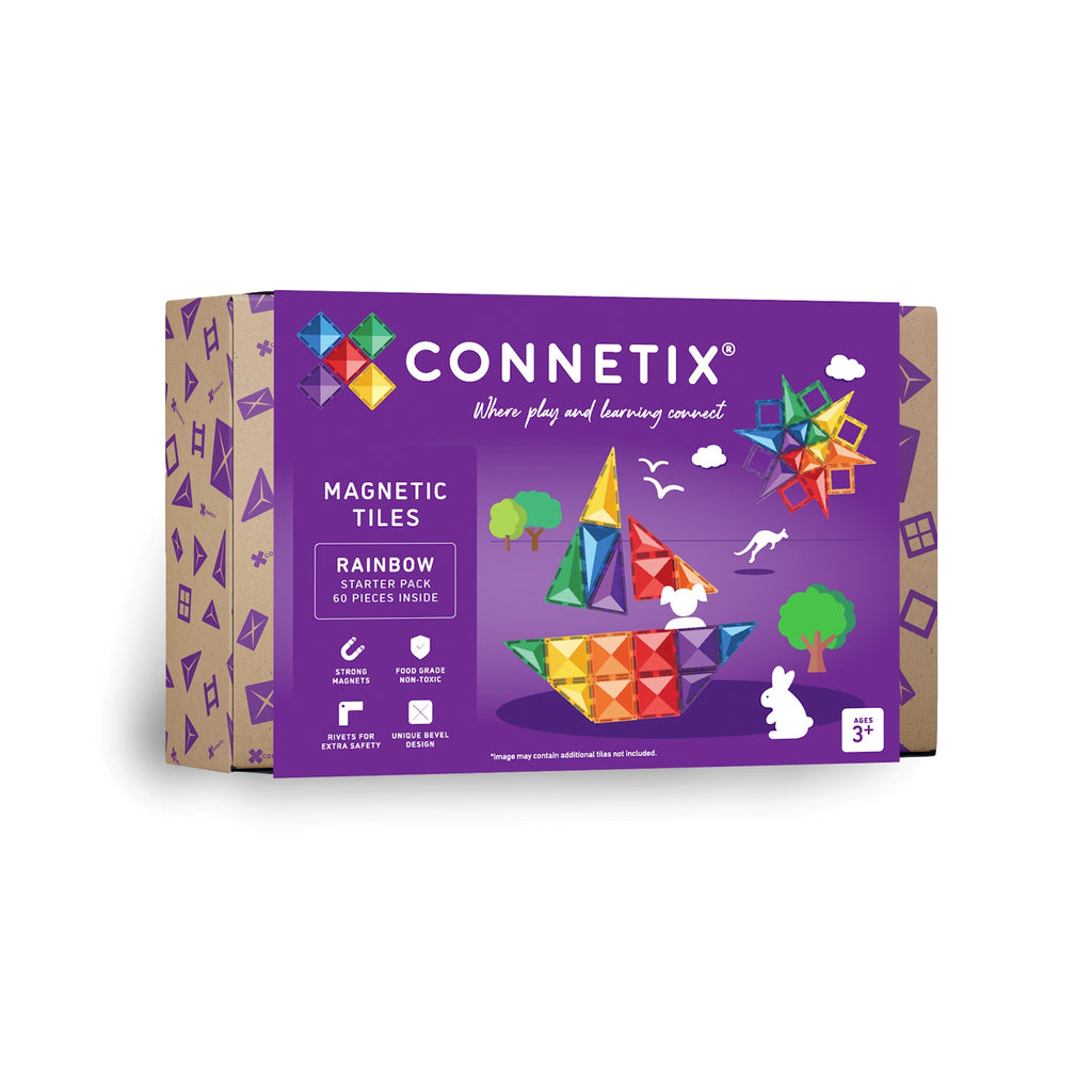 Purple Connetix box featuring colorful magnetic tiles forming a boat and shapes. Includes text highlighting “Rainbow Starter Pack, 60 pieces.” Playful design.
