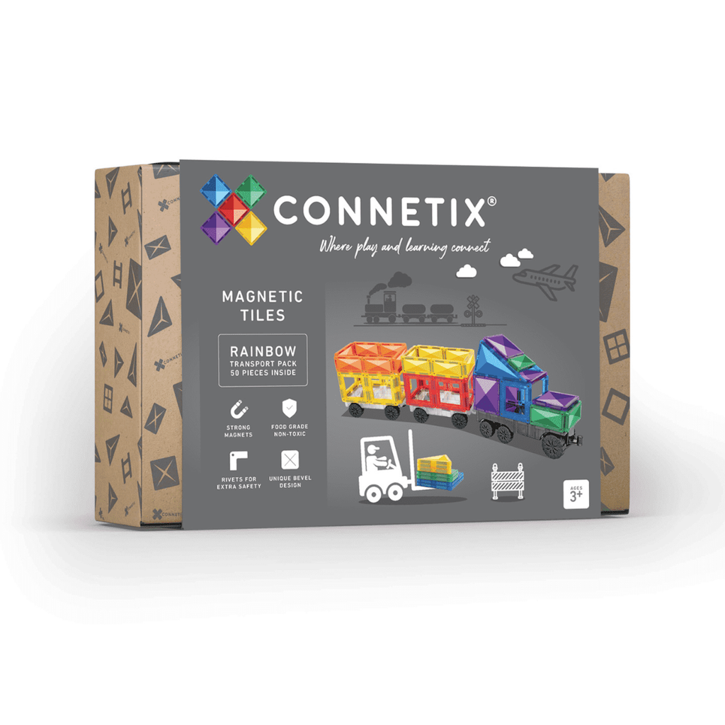 Connetix Magnetic Tiles box featuring colorful train design. Includes 50-piece rainbow pack, suitable for ages 3+.