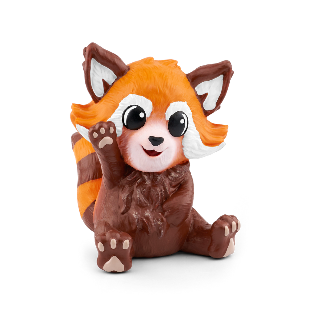 A cute, cartoonish red panda figurine with orange and white fur, sitting and waving, against a plain background.