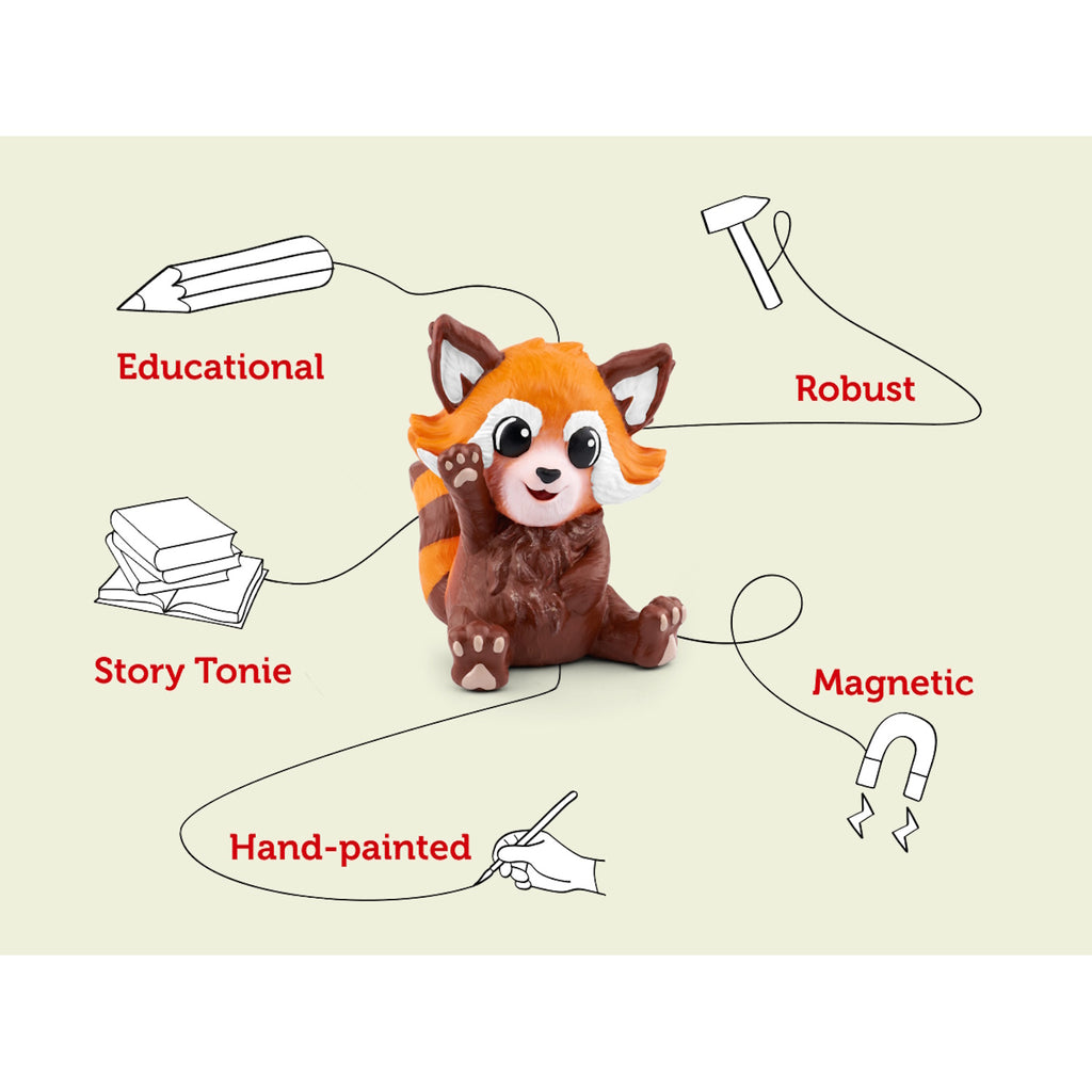A cute, cartoonish red panda figurine with orange and white fur, sitting and waving, against a plain background.
