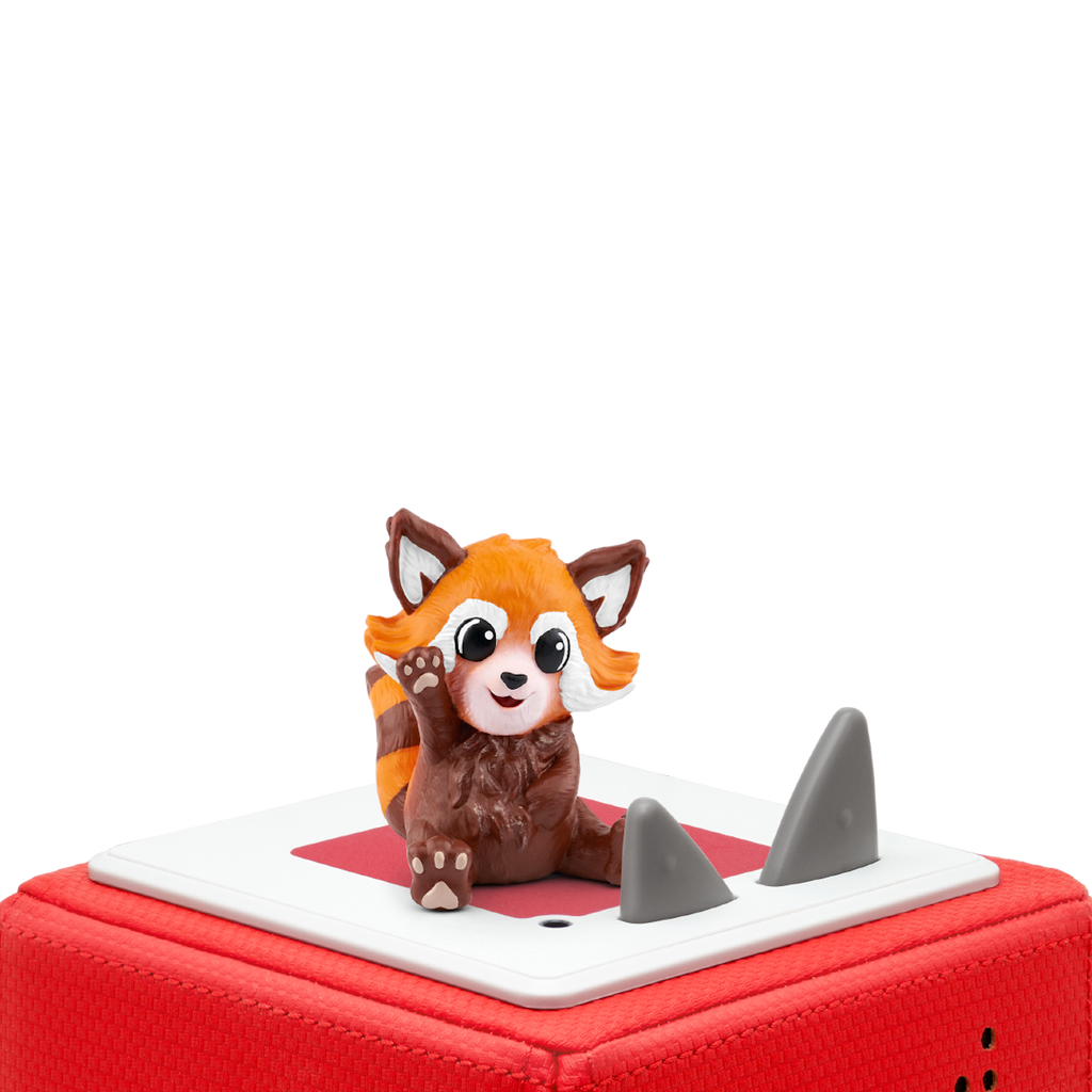 A cute, cartoonish red panda figurine with orange and white fur, sitting and waving, against a plain background.