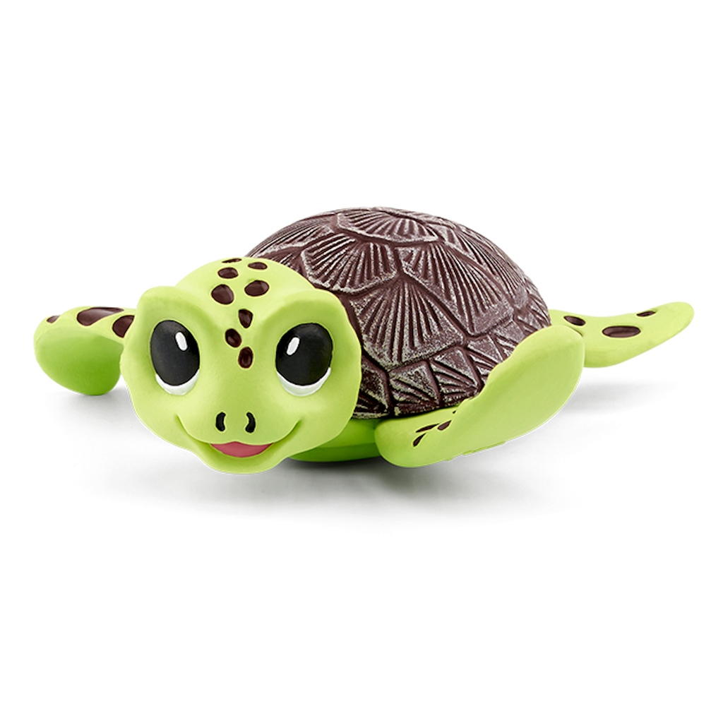 A vibrant green turtle toy sits atop a red block, featuring a textured shell.