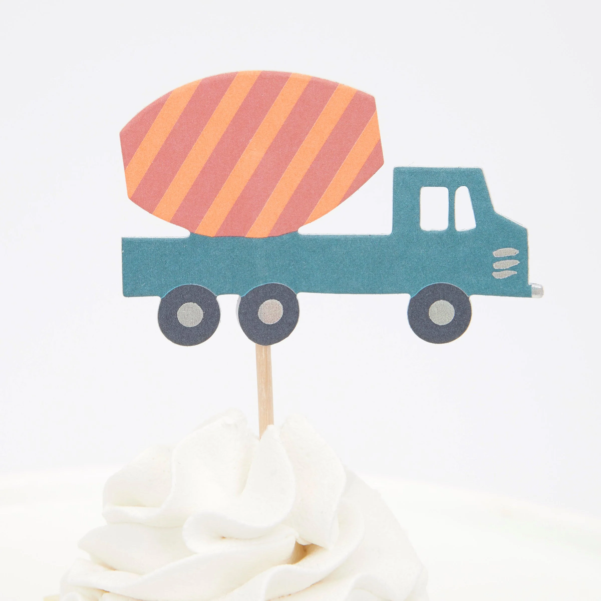 Blue cement mixer truck cupcake topper with an orange striped drum on a wooden pick in swirled white frosting.