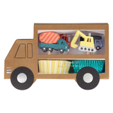 Construction truck-shaped box containing themed cupcake toppers and foil baking cups.