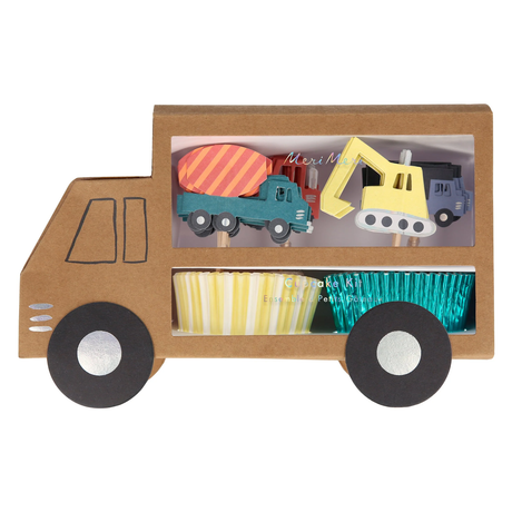 Construction truck-shaped box containing themed cupcake toppers and foil baking cups.