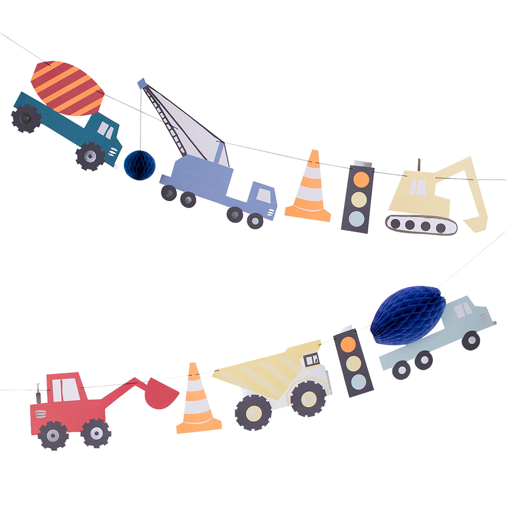 A festive decoration featuring construction vehicle-shaped cutouts, perfect for adding a fun, themed touch to parties and celebrations.