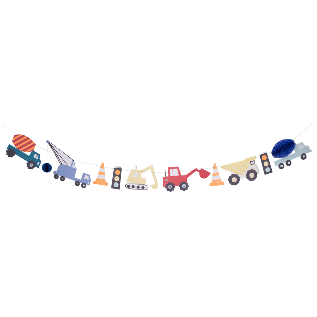 A festive decoration featuring construction vehicle-shaped cutouts, perfect for adding a fun, themed touch to parties and celebrations.