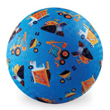 Blue textured playground ball featuring a construction truck pattern with dump trucks and excavators.