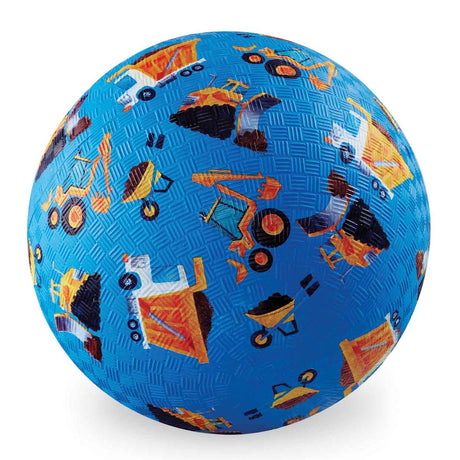 Blue textured playground ball featuring a construction truck pattern with dump trucks and excavators.