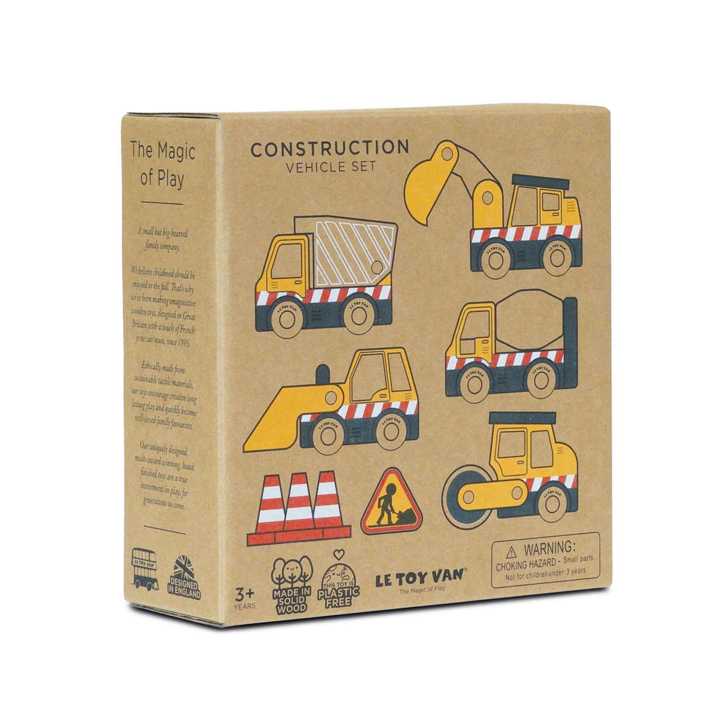 Brown box featuring illustrations of construction vehicles, traffic cones, and signs. Labeled "Construction Vehicle Set" from Le Toy Van, suitable for ages 3+.