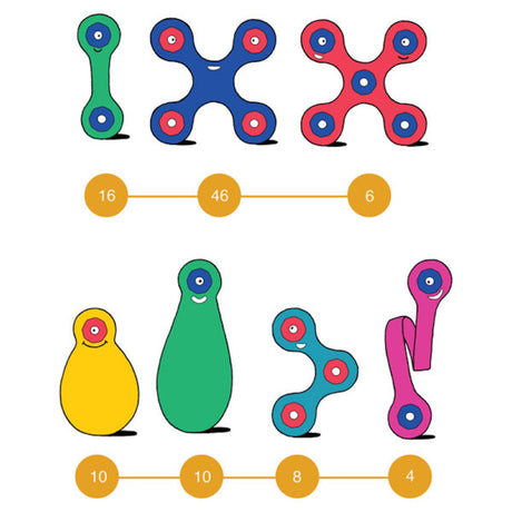 An infographic showing 7 colorful, animated magnetic toy shapes with numbers below them, like 16, 46, and 10.